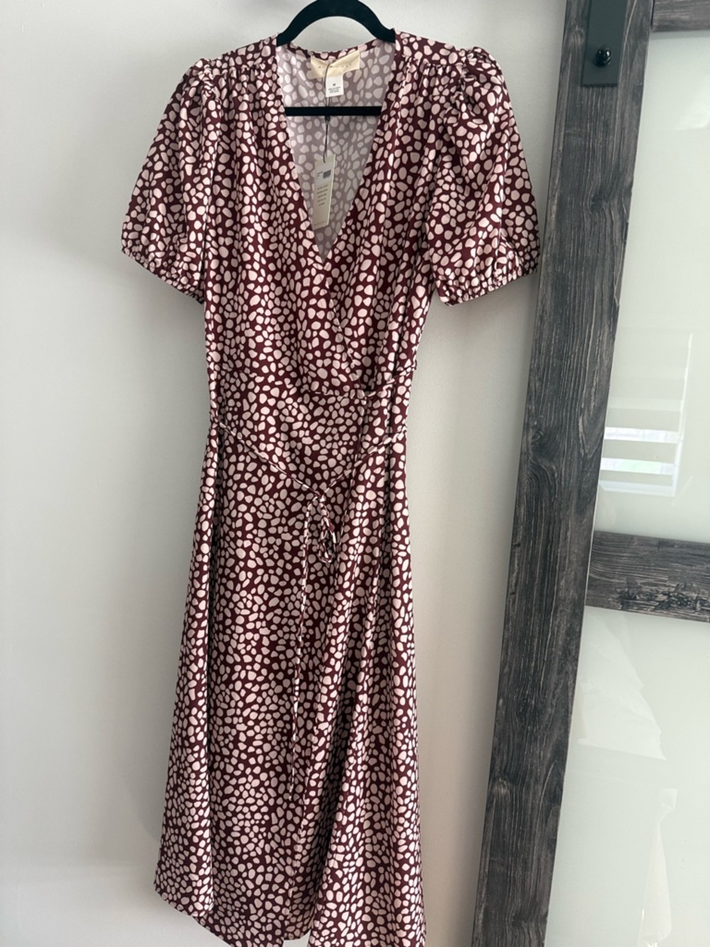 V-Neck Burgundy and Cream Printed Wrap Midi Dress